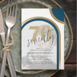 Invitation Photo Moderne Retro Bleu Et Or Anniversaire<br><div class="desc">Ces petites invitations rétro à 70e anniversaire, sont parfaites pour une fête d'anniversaire. Les invitations ont un thème rétro avec des tons bleu et or. Un modèle d'invitation à la fête d'anniversaire moderne sur votre photo encadrée d'arcades dans les tons bleu et or modernes. Vous pouvez modifier les styles de...</div>