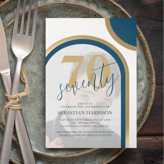 Invitation Photo Moderne Retro Bleu Et Or Anniversaire
