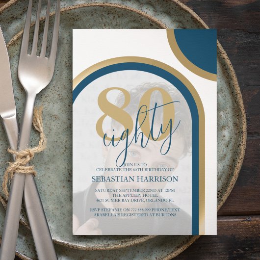 Invitation Photo Moderne Retro Bleu Et Or Anniversaire