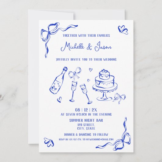 Invitation Photo moderne Retro Whimsical Blue main tiré Bow (Devant)