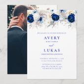 Invitation Photo moderne Royal Blue & White Floral Mariage (Devant / Derrière)