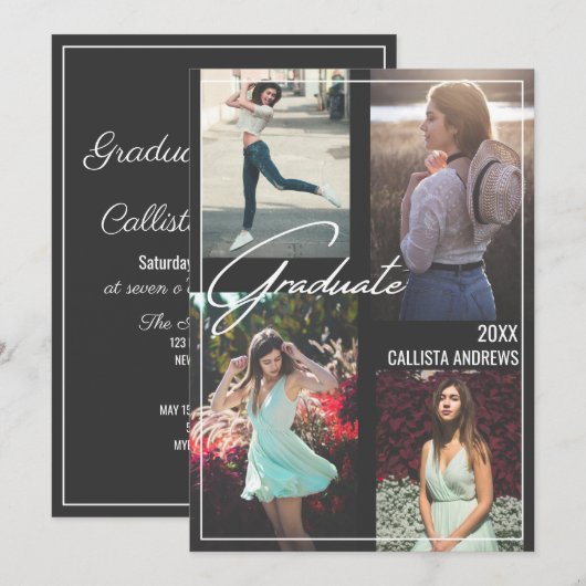 Invitation Photo Moderne Simple Noir Blanc encadré Graduation (Devant / Derrière)