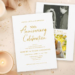 Invitation Photo moderne Surprise 50e anniversaire de Mariage<br><div class="desc">Cette invitation surprise du 50ème anniversaire de Mariage présente un design minimaliste moderne agrémenté de calligraphie de style écriture. L'impression apparaît en or sur un arrière - plan blanc propre et le design offre de l'espace pour 2 photos à l'envers.</div>