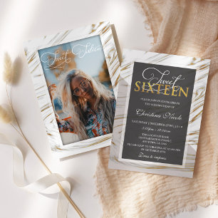 Invitation Photo moderne Sweet 16 Gold Marble Gris
