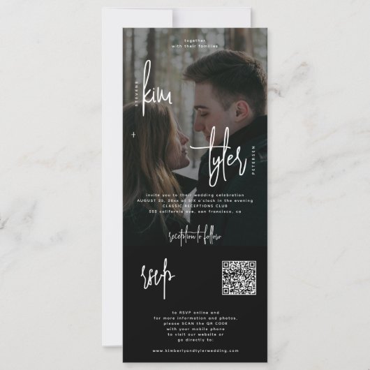 Invitation Photo moderne tout en un code QR rsvp noir mariage (Devant)