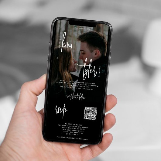 Invitation Photo moderne tout en un code QR rsvp noir mariage
