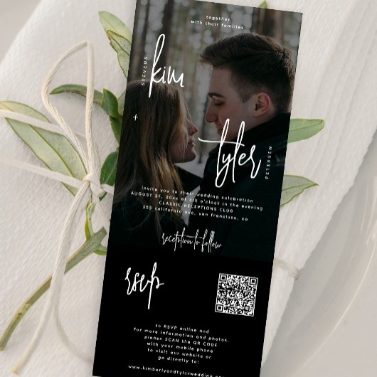 Invitation Photo moderne tout en un code QR rsvp noir mariage
