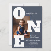 Invitation Photo moderne UN premier anniversaire bleu foncé (Devant)