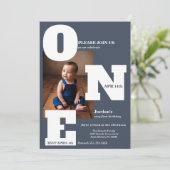 Invitation Photo moderne UN premier anniversaire bleu foncé (Debout devant)