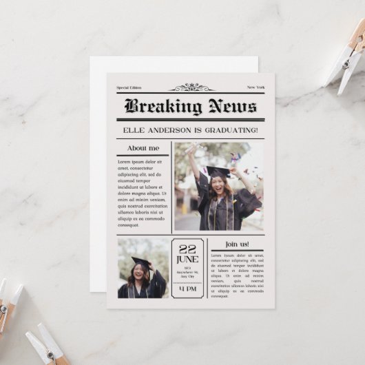 Invitation Photo moderne unique amusant Journal Graduation (Devant/Arrière en situation)