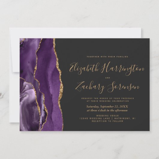 Invitation Photo moderne violet or Agate Mariage foncé (Devant)