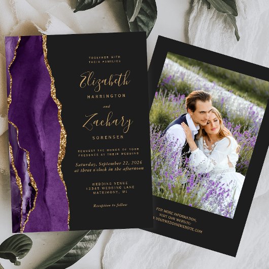 Invitation Photo moderne violet or Agate Mariage foncé
