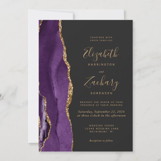 Invitation Photo moderne violet or Agate Mariage foncé (Devant)