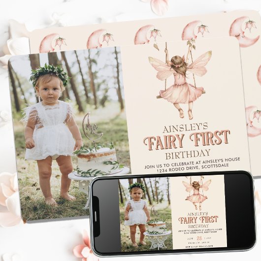Invitation Photo modifiable Blush Pink Fairy Premier 1er anni
