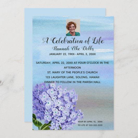Invitation Photo modifiable Hydrangea Célébration de la vie (Devant / Derrière)