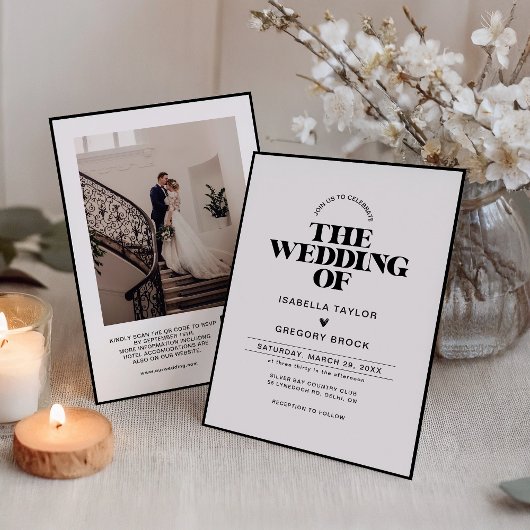 Invitation Photo monochrome moderne avec Mariage de code QR