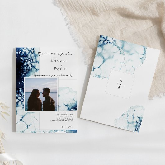 Invitation Photo Monogramme de mariage bleu de destination na