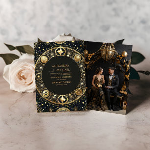 Invitation Photo Mystical Black Gold Celestial Galaxy Mariage