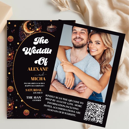 Invitation Photo Mystical Black Gold Celestial Stars Mariage
