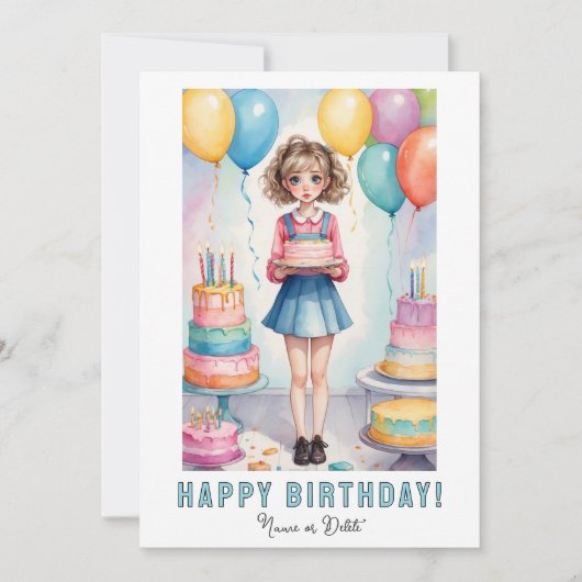 Invitation *PHOTO NAME Birthday Card Girl Cake (Devant)