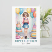 Invitation *PHOTO NAME Birthday Card Girl Cake (Debout devant)
