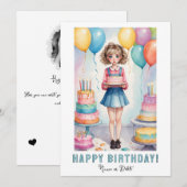 Invitation *PHOTO NAME Birthday Card Girl Cake (Devant / Derrière)