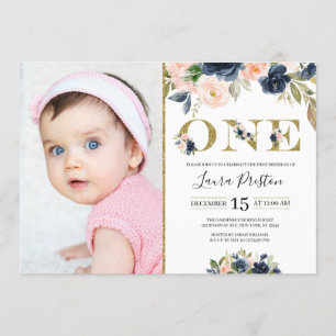 Invitation Photo Navy Blue and Blush Pink Floral 1er Annivers