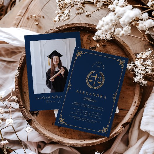 Invitation Photo Navy Gold Elegant Law School Graduation