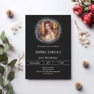 Invitation Photo noir argent parties scintillant anniversaire