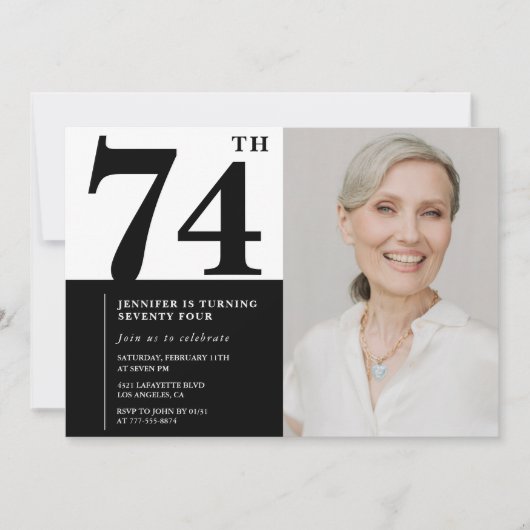 Invitation Photo Noir Blanc Chic 74e Anniversaire (Devant)