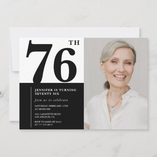 Invitation Photo Noir Blanc Chic 76e Anniversaire (Devant)