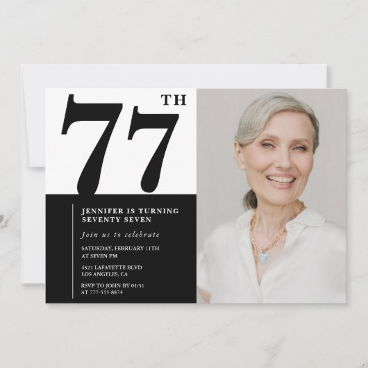 Invitation Photo Noir Blanc Chic 77e Anniversaire (Devant)
