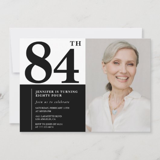Invitation Photo Noir Blanc Chic 84e Anniversaire (Devant)