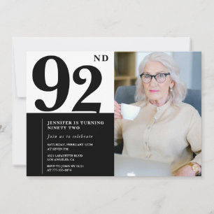 Invitation Photo Noir Blanc Chic 92e Anniversaire