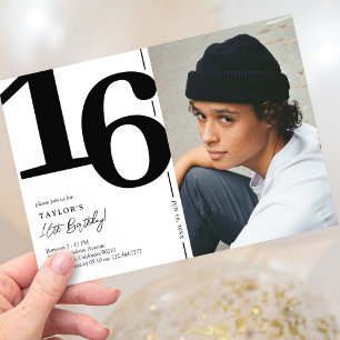Invitation Photo Noir Blanc Fête d'anniversaire 16 ans