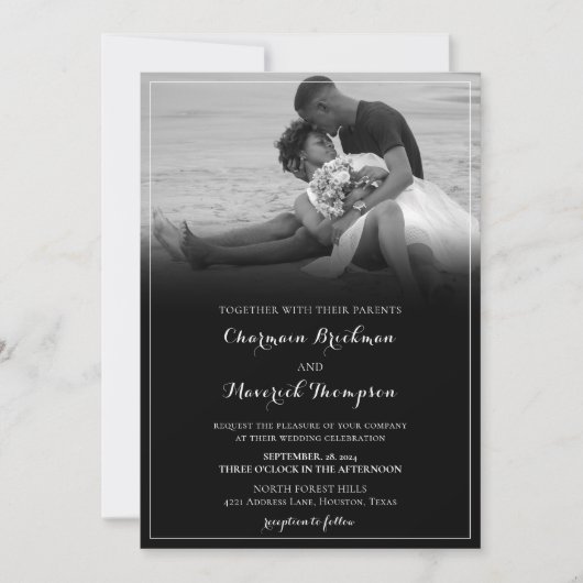 Invitation Photo noir et blanc, Boarder blanc Code QR Mariage (Devant)
