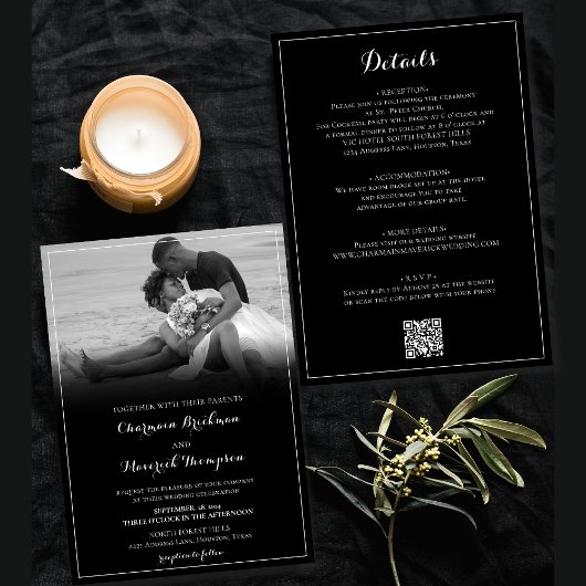 Invitation Photo noir et blanc, Boarder blanc Code QR Mariage