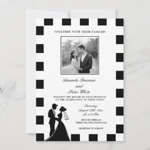 Invitation Photo noir et blanc élégant À damiers Couple Maria