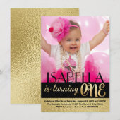 Invitation Photo Noir et Or Premier anniversaire (Devant / Derrière)