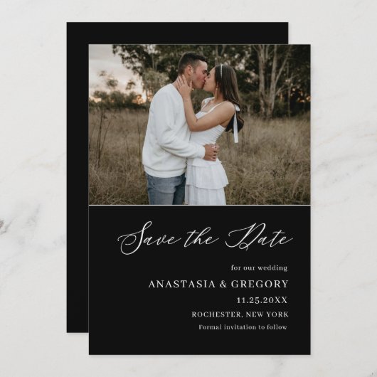 Invitation Photo noir | Mariage élégant Enregistrer la date I (Devant / Derrière)