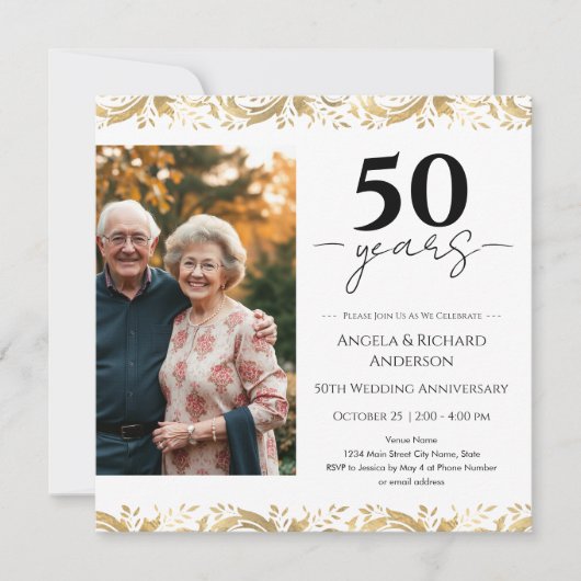 Invitation photo noir or pour les 50 ans de mariag (Devant)