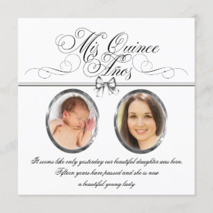 Invitation Photo noire et blanche argentée Quinceanera