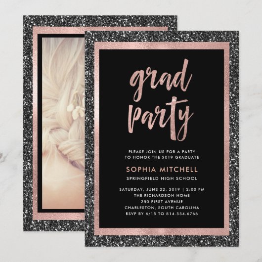 Invitation Photo noire et rose de Faux d'or de parties (Devant / Derrière)