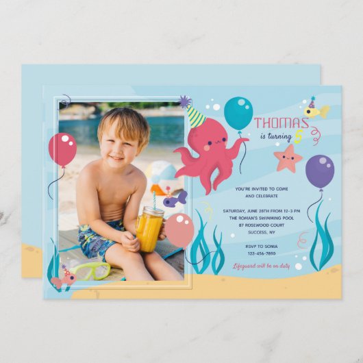 Invitation photo Octopus Anniversaire (Devant / Derrière)