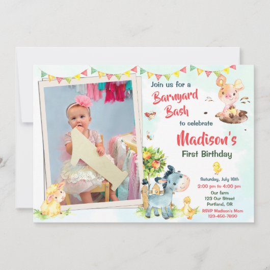 Invitation Photo Offre d'anniversaire de ferme Animaux de fer (Devant)