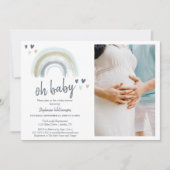 Invitation Photo Oh Baby shower Blue Boho Rainbow (Devant)