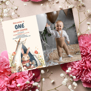 Invitation Photo One Happy Camper Wood Boys 1er anniversaire