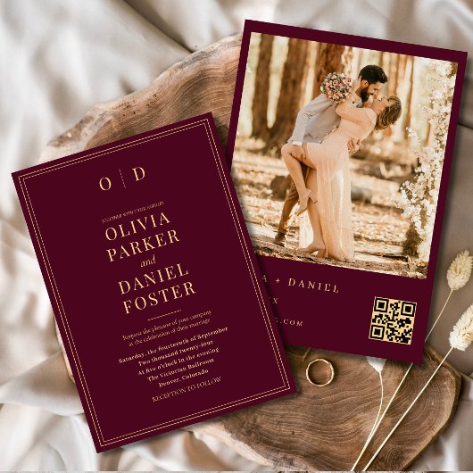 Invitation Photo or de Bourgogne moderne Mariage de code QR