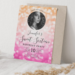 Invitation PHOTO Orange Rose Bokeh Lights Sweet 16 Party