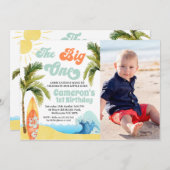 Invitation Photo Orange Turquoise Surf Wave Big One 1er Anniv (Devant / Derrière)
